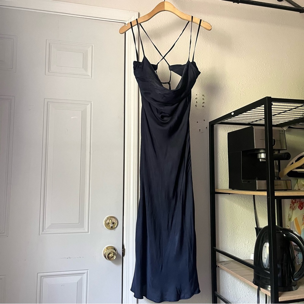 NWT ANDJELA Kate navy blue satin‎ draped cowl sleeveless slip midi dress